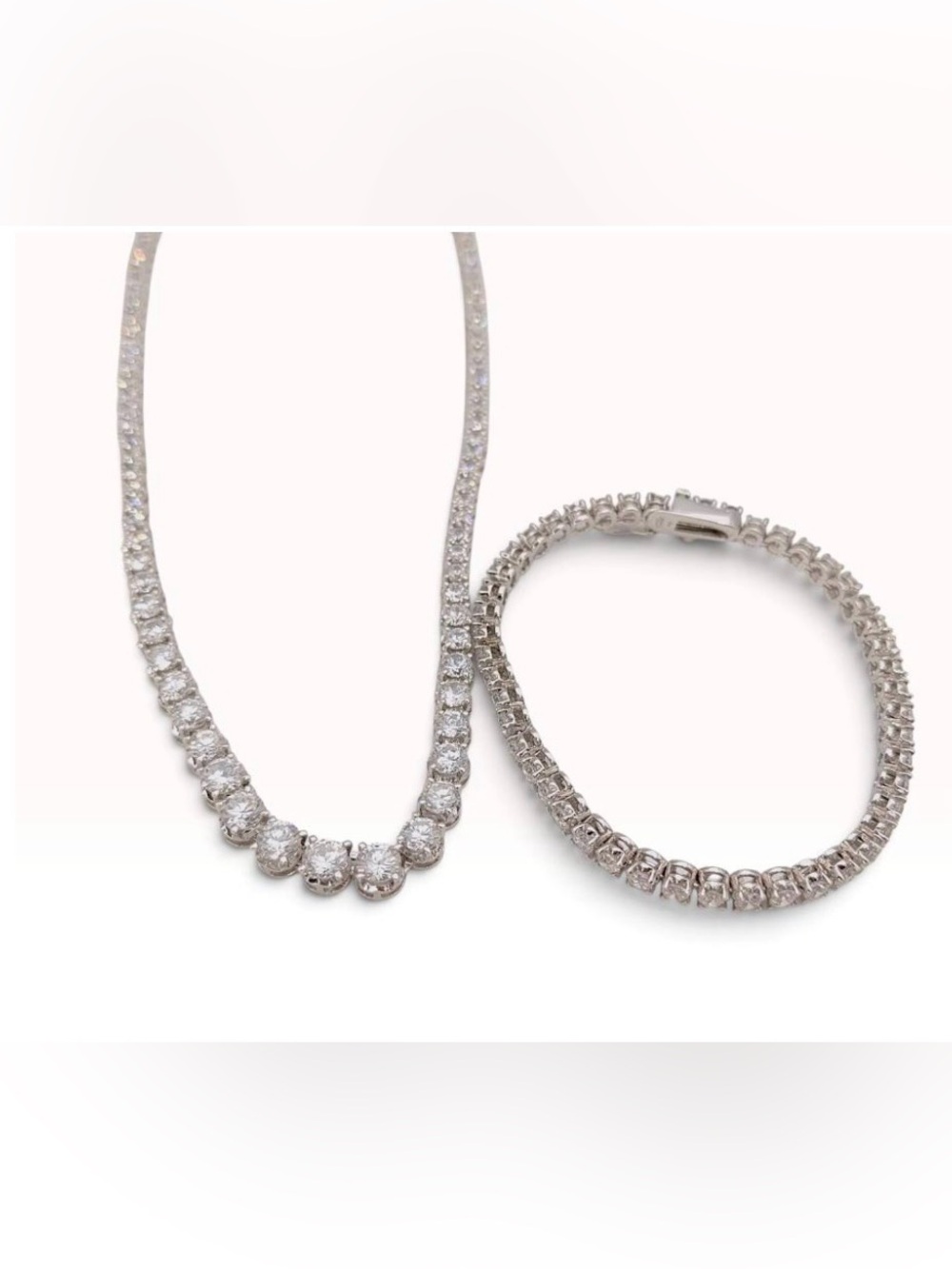 Sterling Silver Round Brilliant Cut Stone Graduated Tennis Necklace & Bracelet